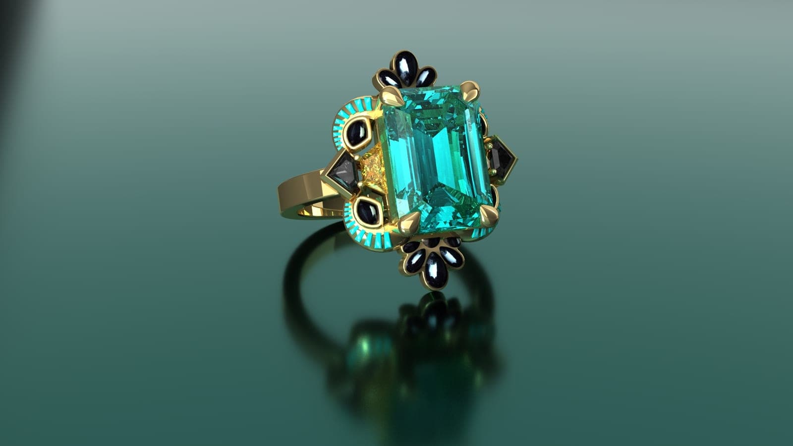CAD rendering of an Art Deco ring with a teal emerald-cut stone, black accents and a scalloped frame, designed by Sara Lundquist