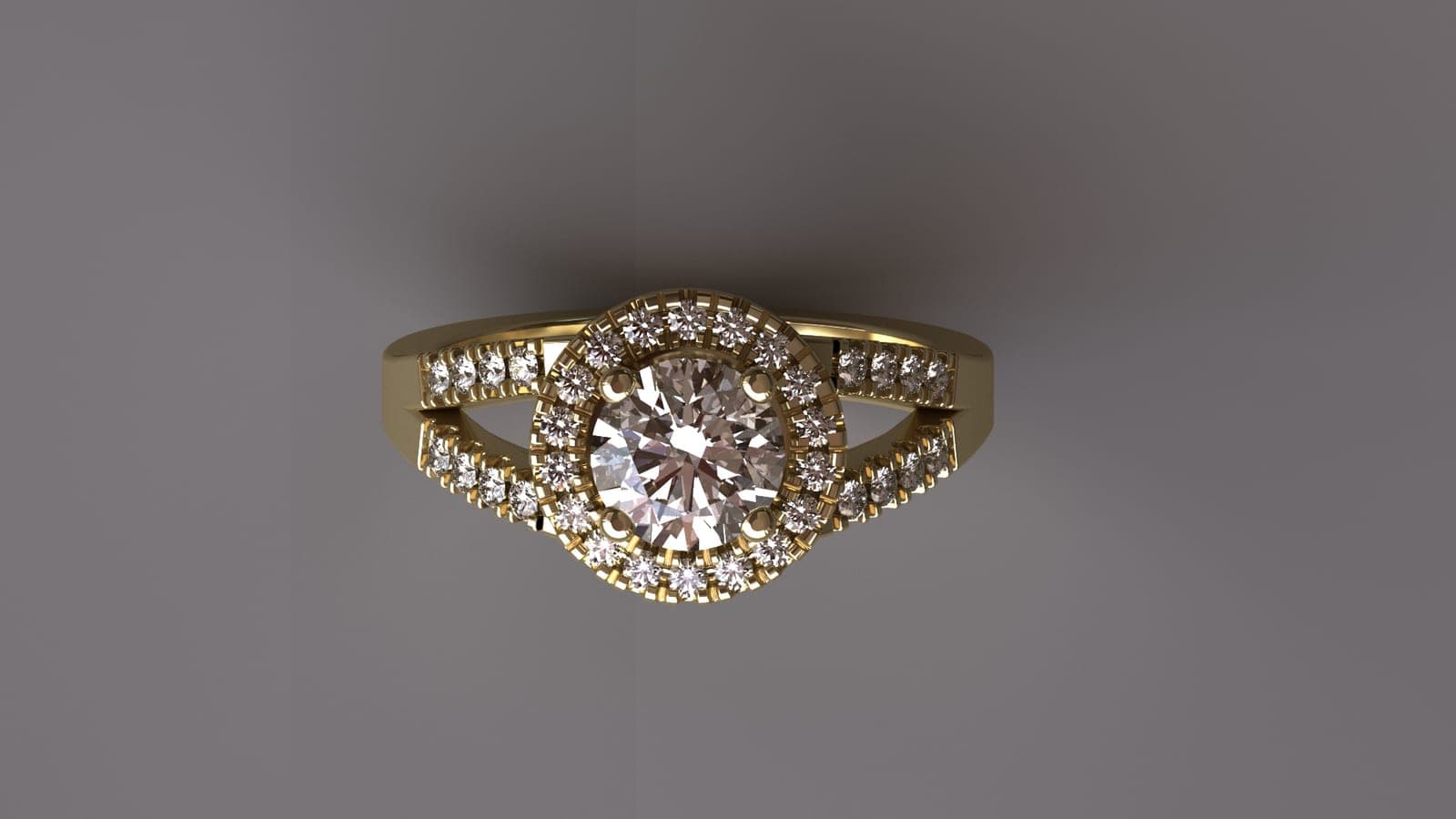 CAD rendering of a round halo ring with a micro-prong split shank, with a white stone, in yellow gold, modeled by Sara Lundquist