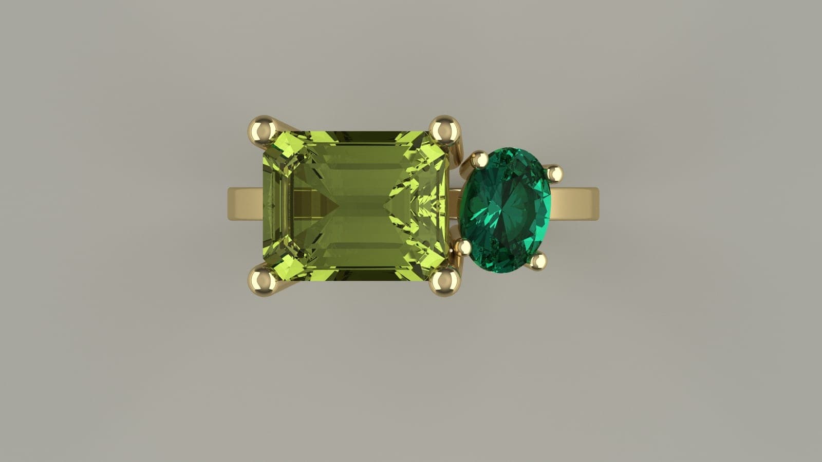 CAD rendering of a two-stone ring with a green emerald-cut stone beside a smaller green oval, seen from above, designed by Sara Lundquist
