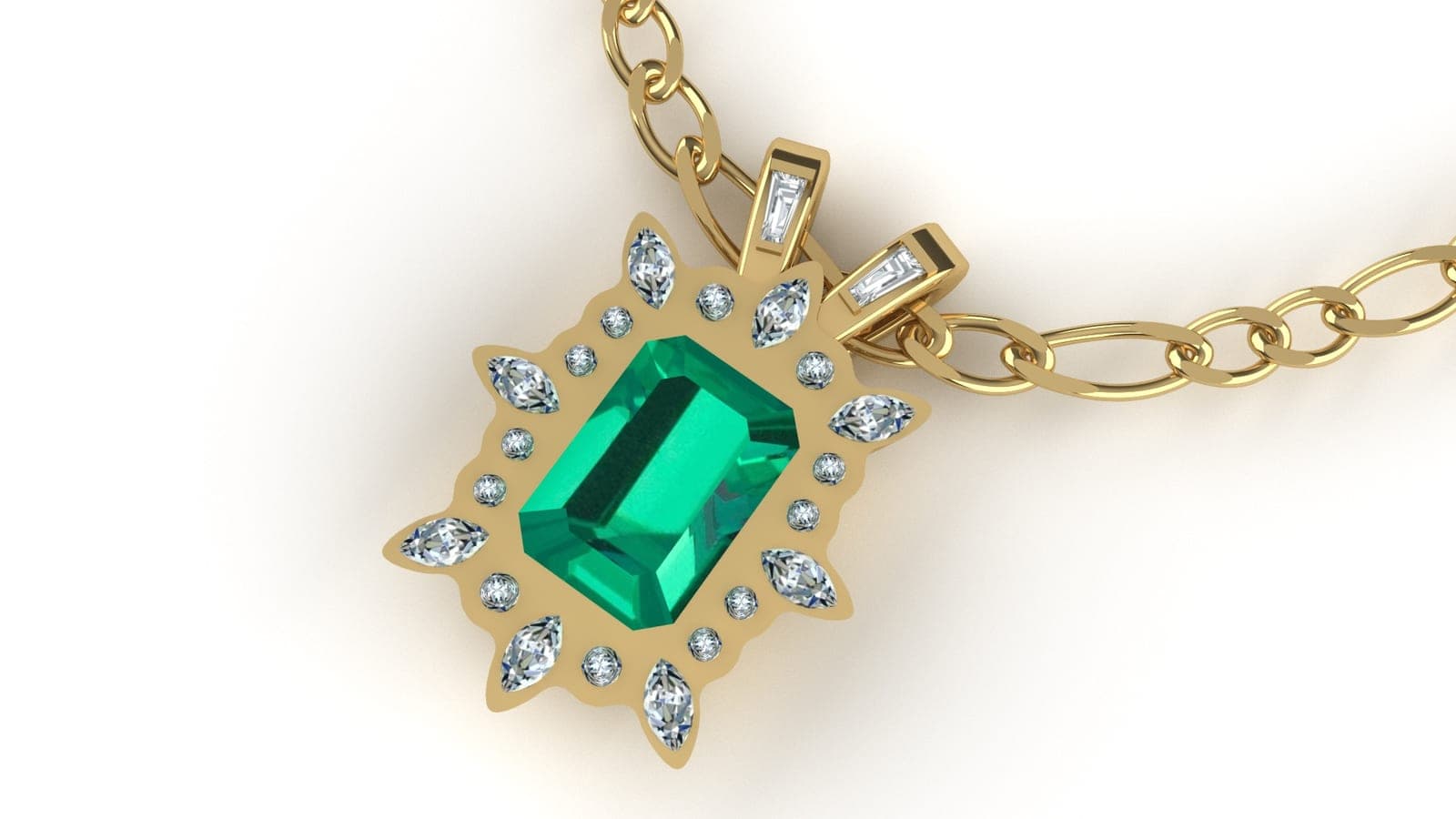 CAD rendering of an emerald-cut emerald pendant with a starburst halo of marquise and round stones, on a chain, designed by Sara Lundquist