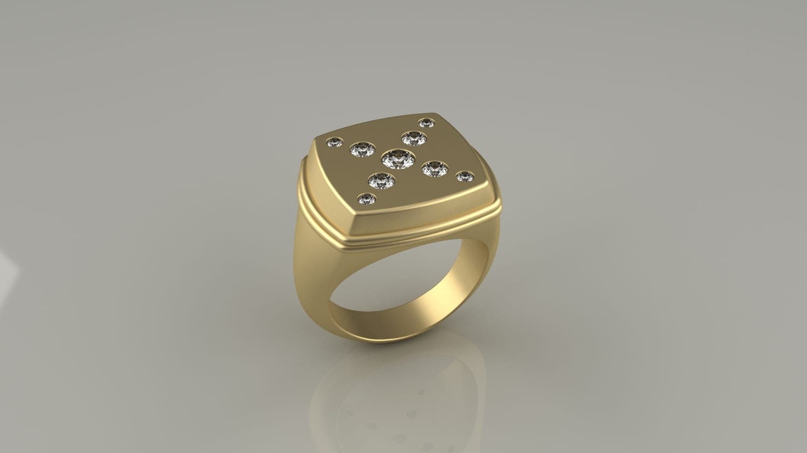CAD rendering of a men's signet ring with a cluster of flush-set round stones, rendered by Sara Lundquist