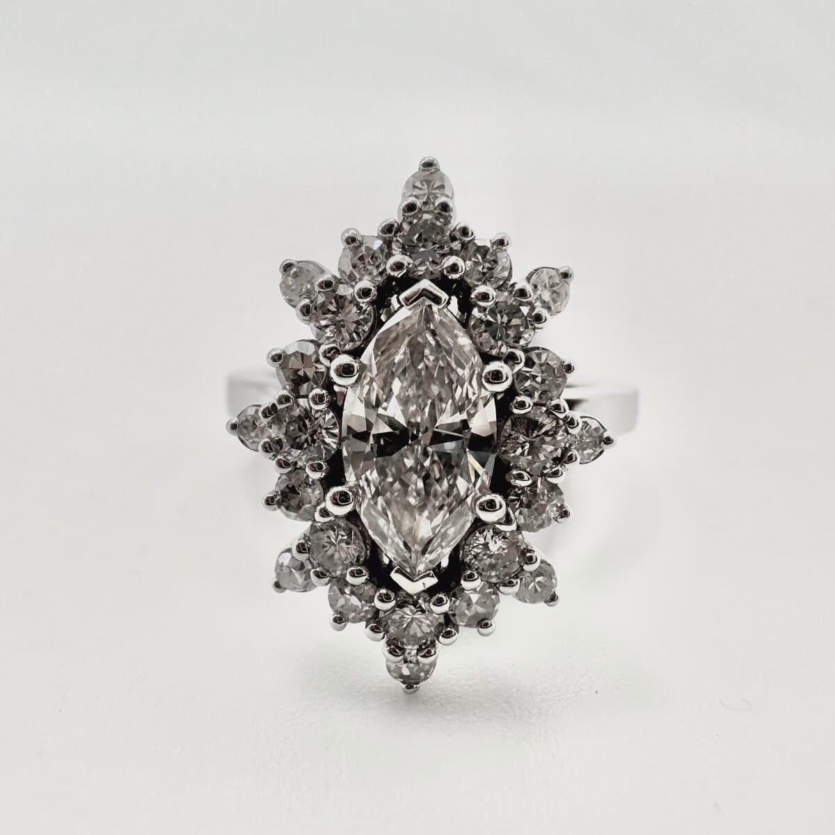 A vintage-style marquise diamond cluster ring, the kind of inherited piece Sara redesigns