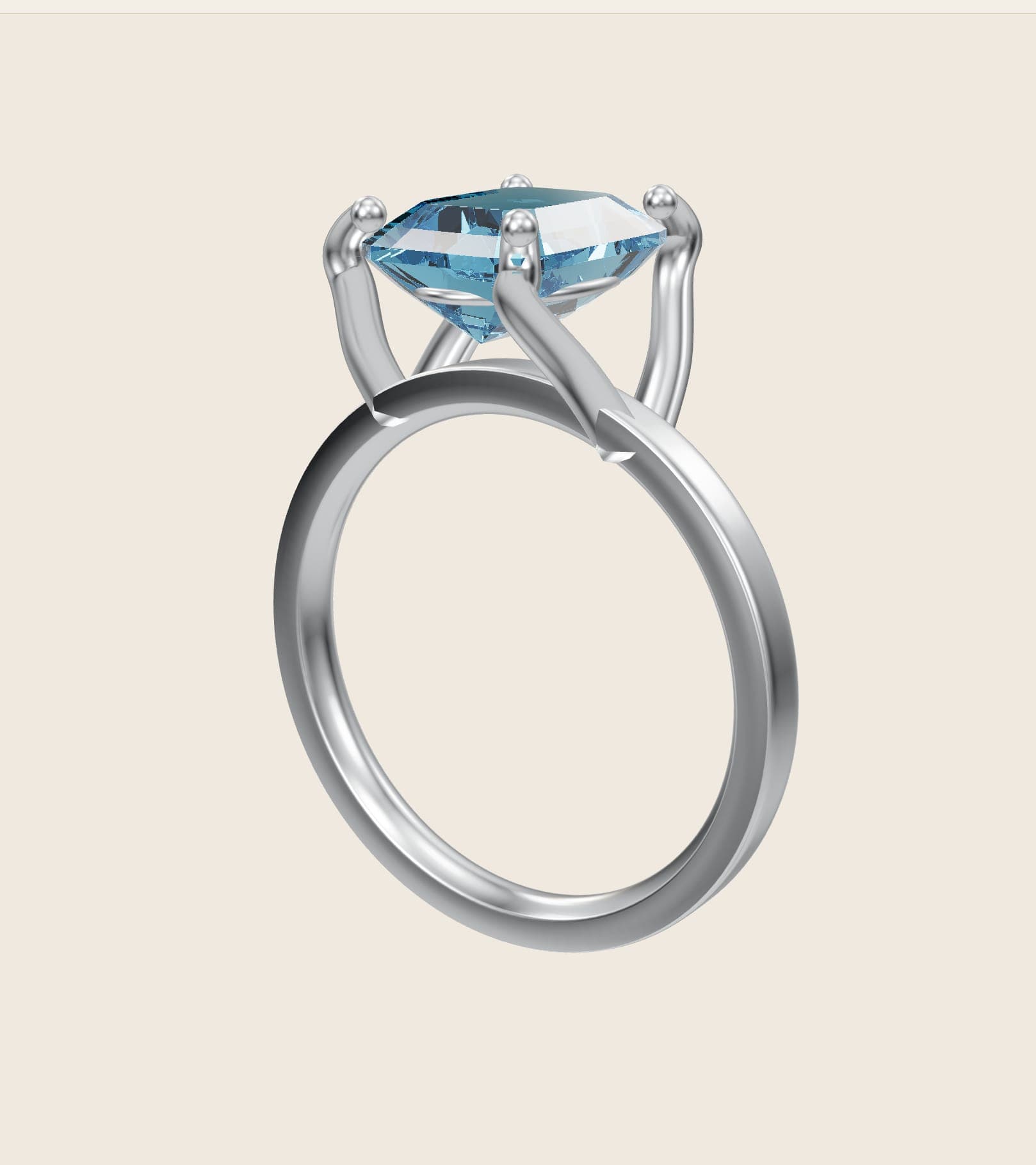 3D render of an emerald-cut aquamarine in a four-prong platinum solitaire from the Pacific Jewel Design Studio