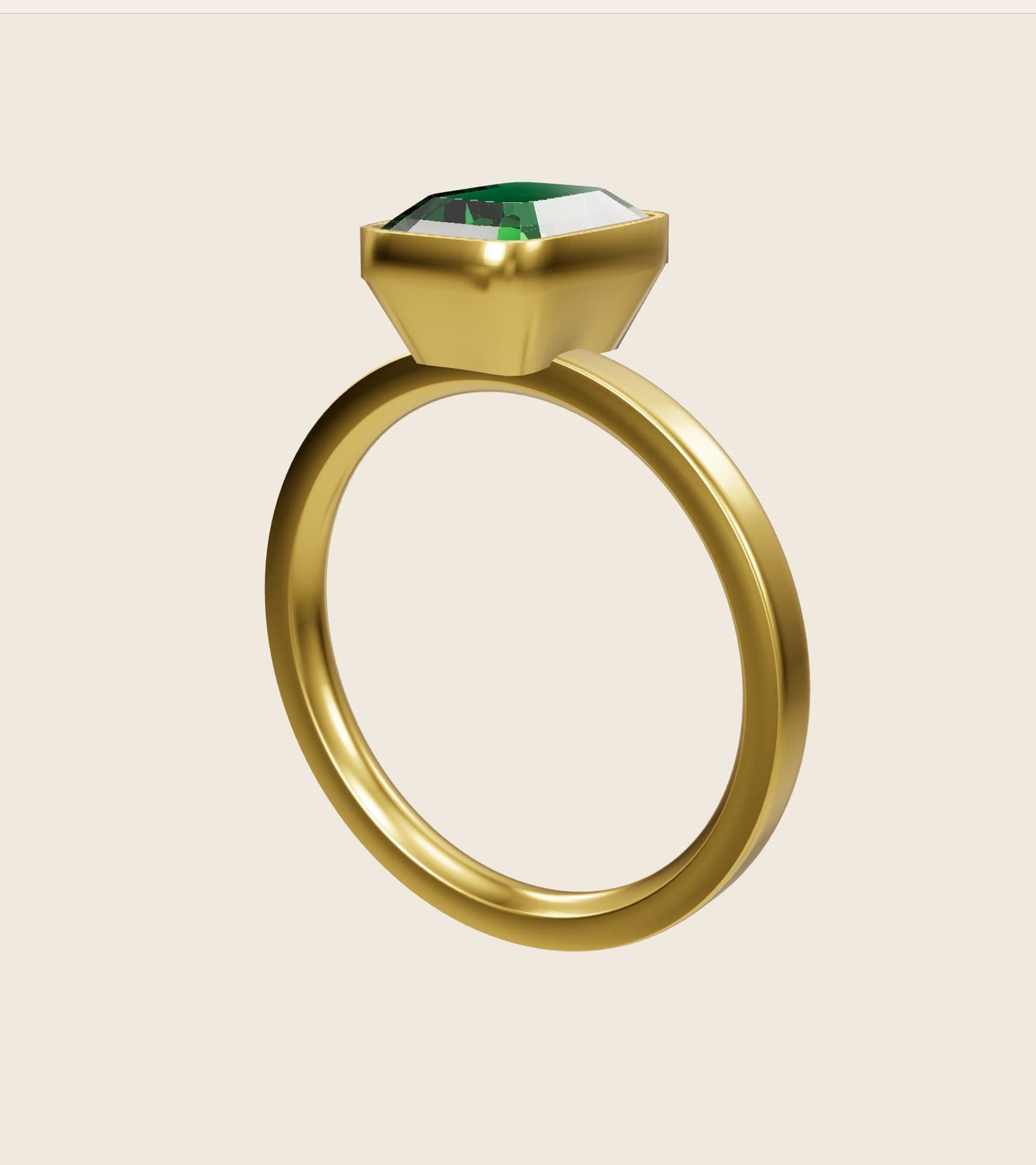 3D render of an emerald-cut emerald in an 18k yellow gold bezel from the Pacific Jewel Design Studio