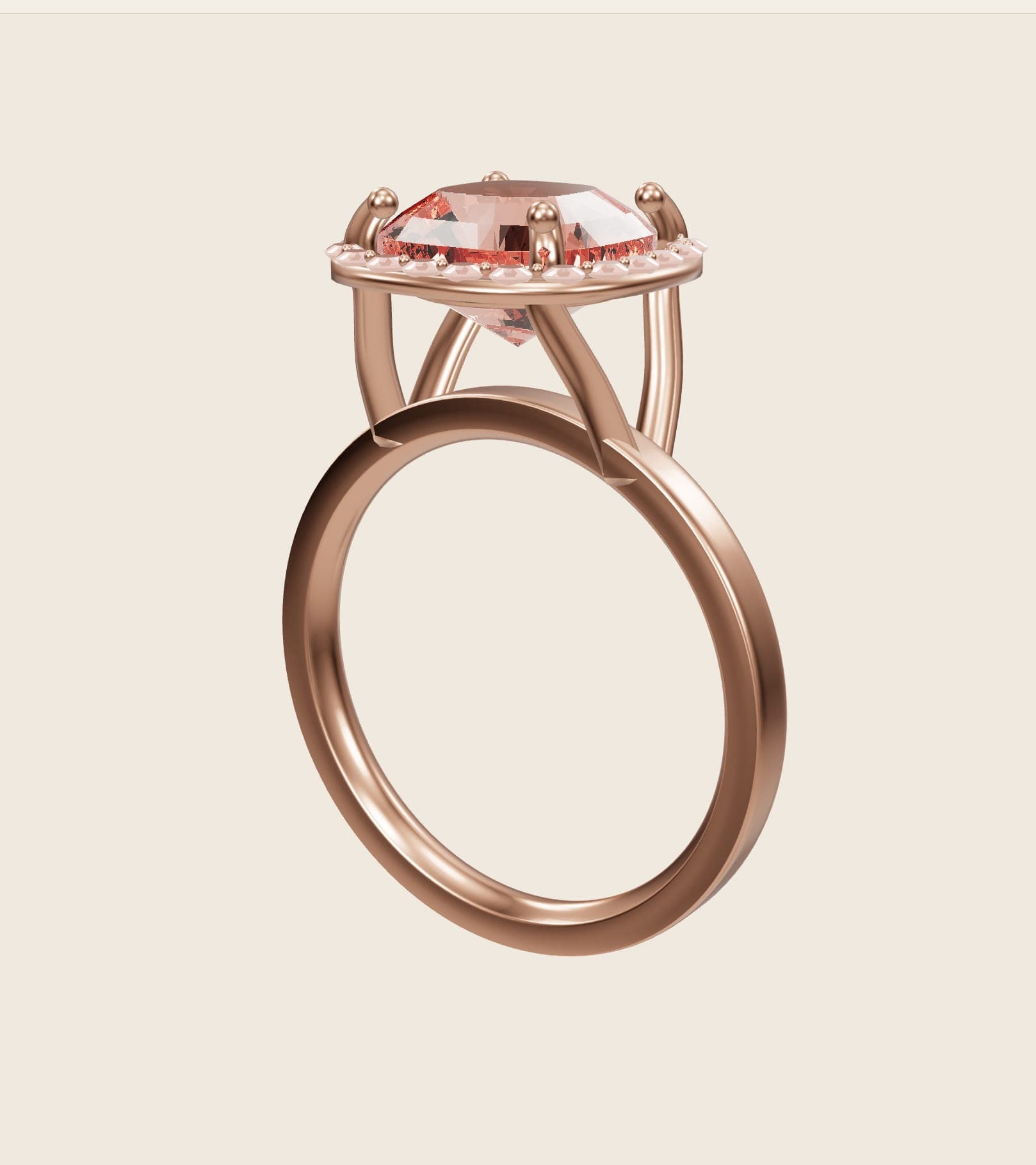 3D render of a cushion-cut morganite with a halo in 14k rose gold from the Pacific Jewel Design Studio