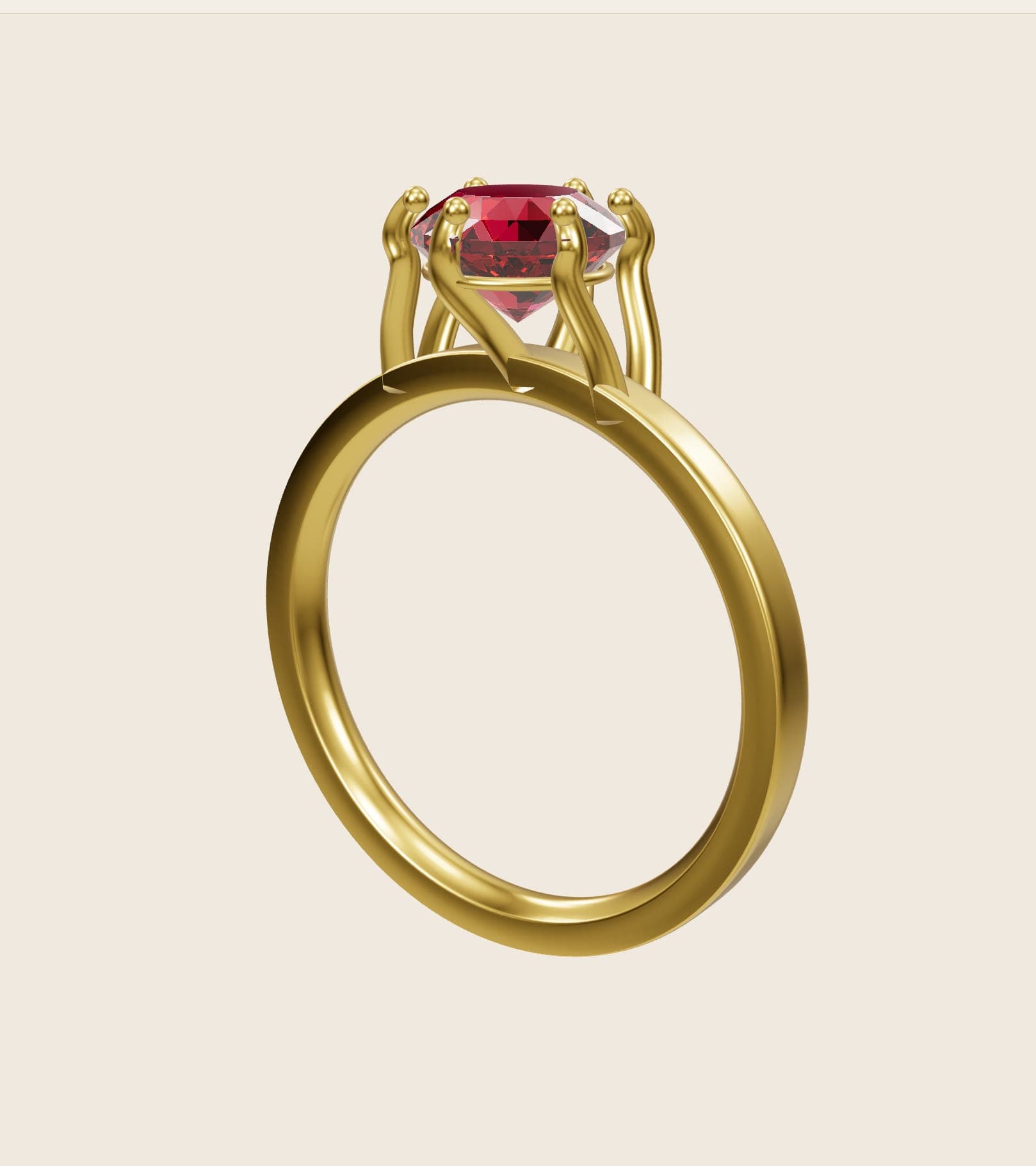 3D render of a round ruby in a six-prong 18k yellow gold solitaire from the Pacific Jewel Design Studio