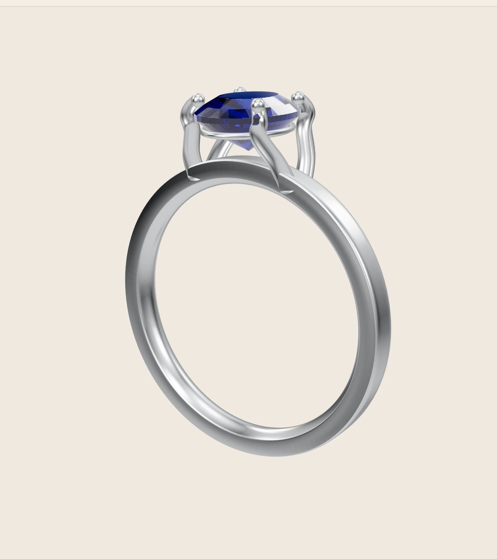 3D render of an oval blue sapphire in a four-prong platinum solitaire from the Pacific Jewel Design Studio