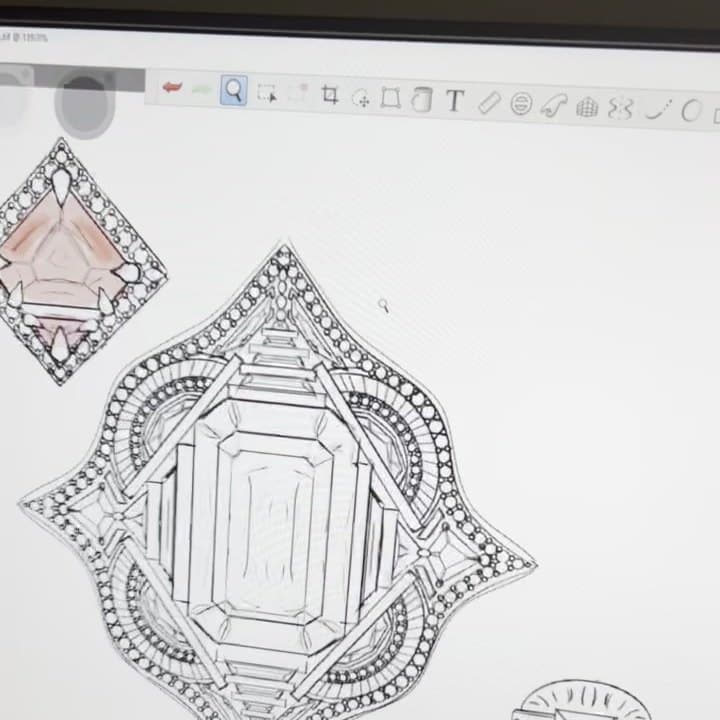 Sara Lundquist's design drawing of an Art Deco-style ring with an emerald-cut center, on her computer screen