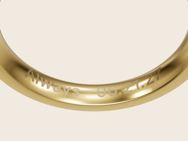 3D render of the inside of a 3 mm 14k yellow gold band engraved “Always · 06.21.27” in Block letters, from the Pacific Jewel Design Studio
