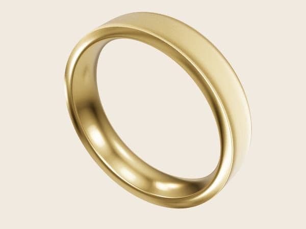 3D render of a 4 mm comfort-fit 14k yellow gold wedding band with a brushed finish, from the Pacific Jewel Design Studio