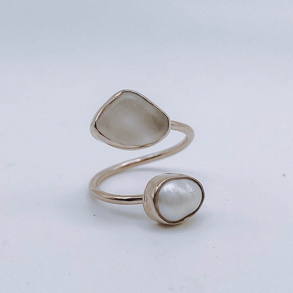 Sea Glass and Pearl Adjustable Ring