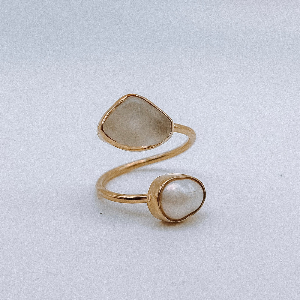 Sea Glass and Pearl Adjustable Ring